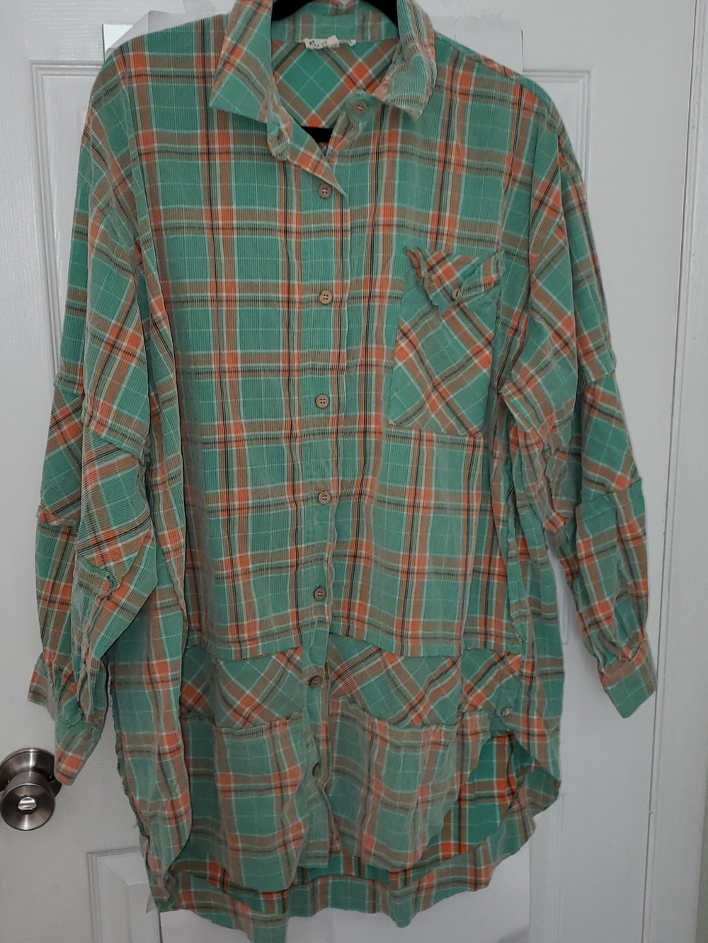 Easel Oversized Ribbed Green & Orange Plaid Flannel